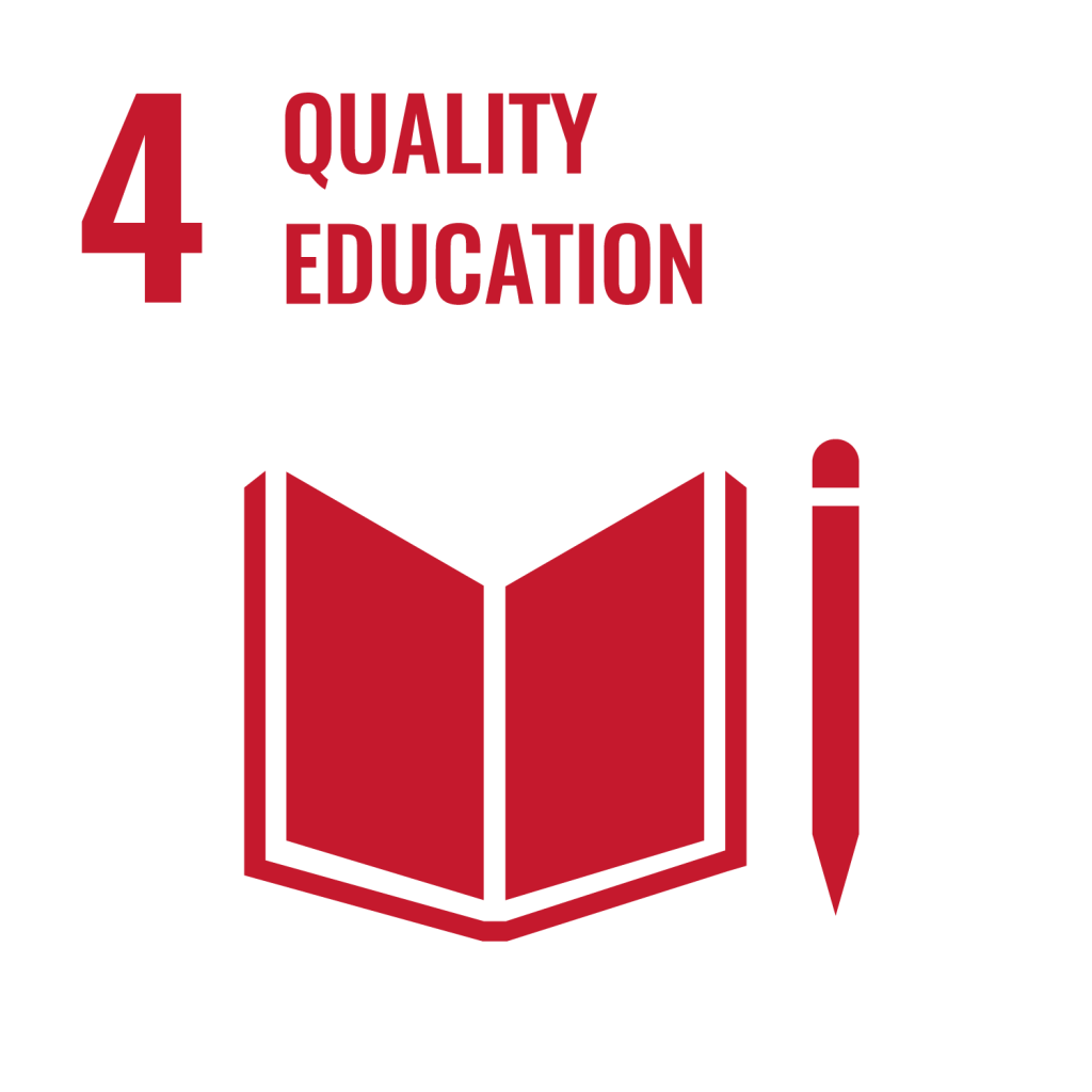A red book with the words quality education and a pencil.