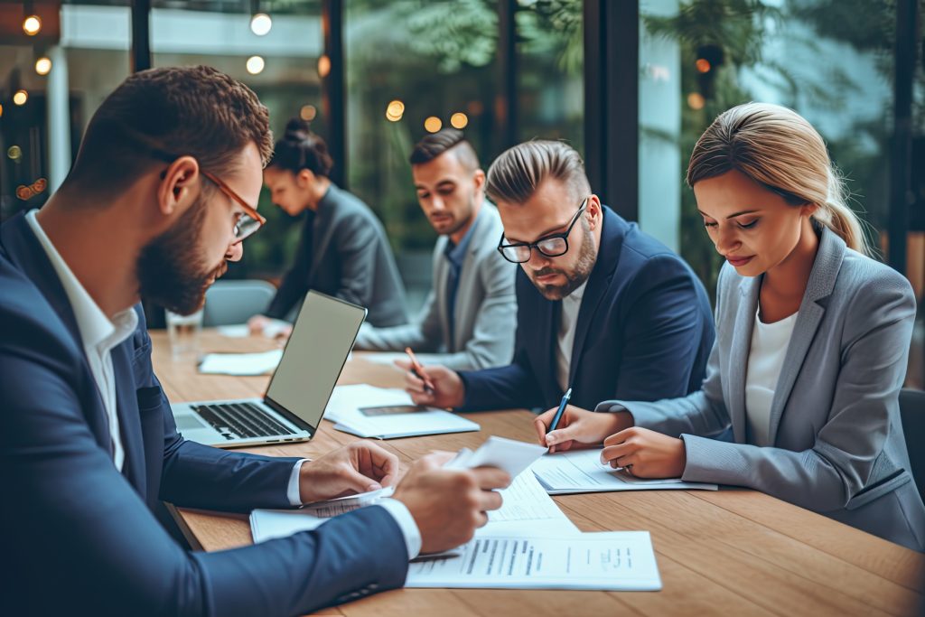 A group of business people sitting around a table.