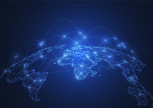 Une carte du monde bleue avec un réseau de lignes et de points.