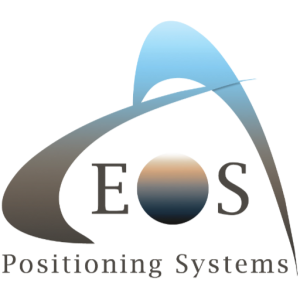 Logo of EOS Positioning Systems featuring a stylized letter 'E' encircling a shaded sphere, set against a gradient blue and black background.