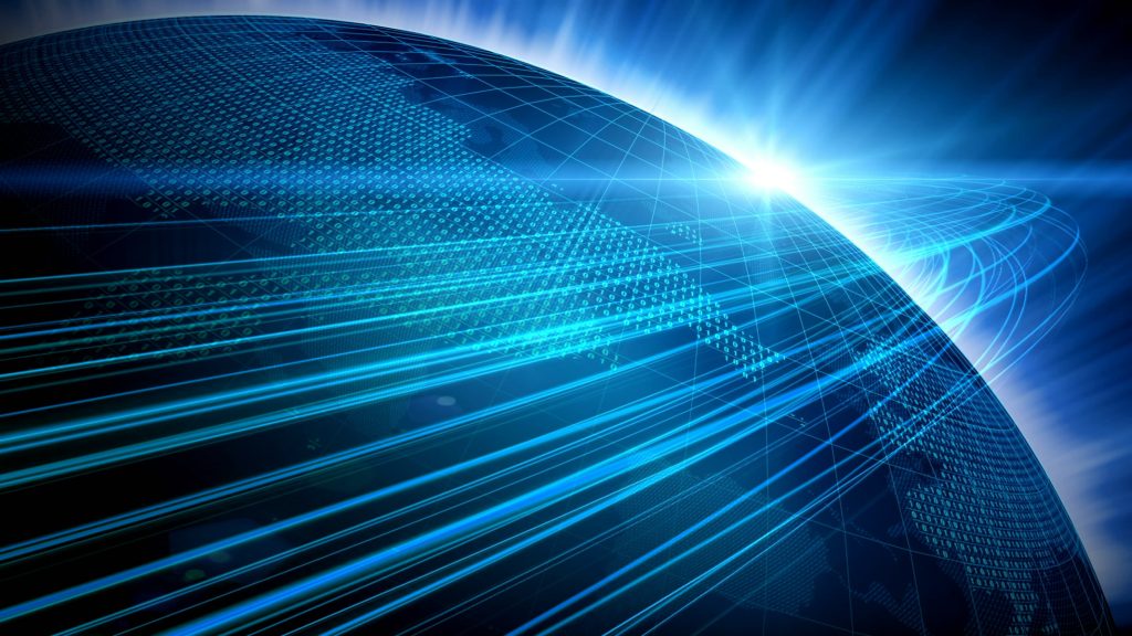 Image of a glowing Earth seen from space, with digital lines and interconnected nodes representing networking and data exchange, set against a blue, futuristic background with a bright light source.