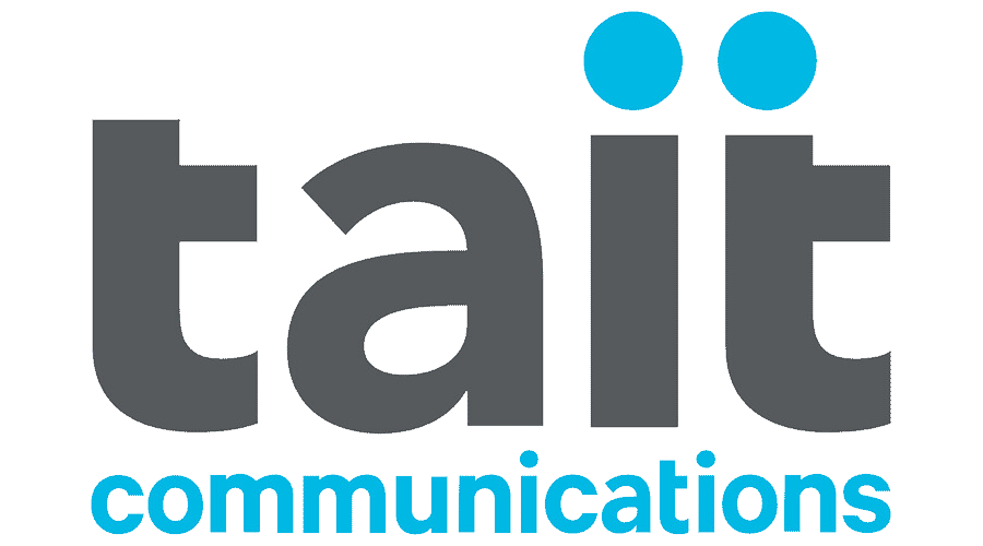 Logo of Tait Communications, featuring the company's name in grey lowercase letters with two blue dots above the letter 'i'.