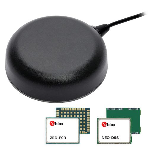 Une antenne GPS ronde et noire avec un câble connecté, présentée à côté de deux petits composants électroniques rectangulaires étiquetés « ZED-F9R » et « NEO-D9S » de u-blox.