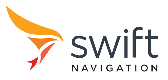 Logo of Swift Navigation, featuring a stylized bird in orange and yellow colors, followed by the text "swift" in gray and "NAVIGATION" in smaller, capitalized letters below.