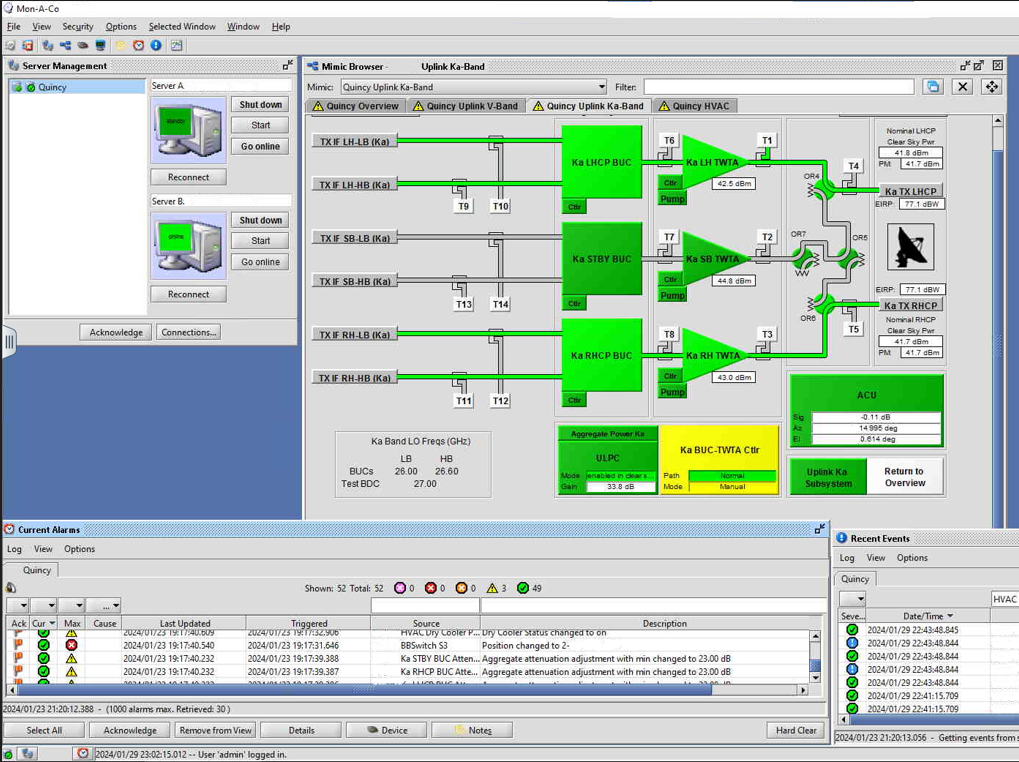 Screenshot of a network management system interface showing server status, performance metrics, and event logs. Upper section features detailed server information; lower section displays current and recent events.