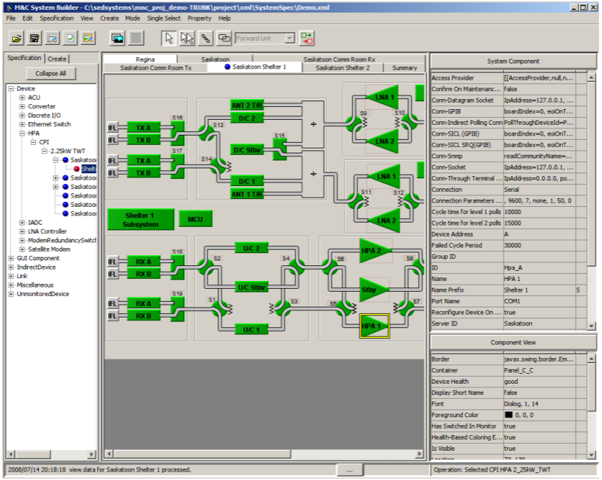 Screenshot of HNC System Builder software displaying a diagram of a Station Shelter 1 with various interconnected components and detailed specifications on the right panel.