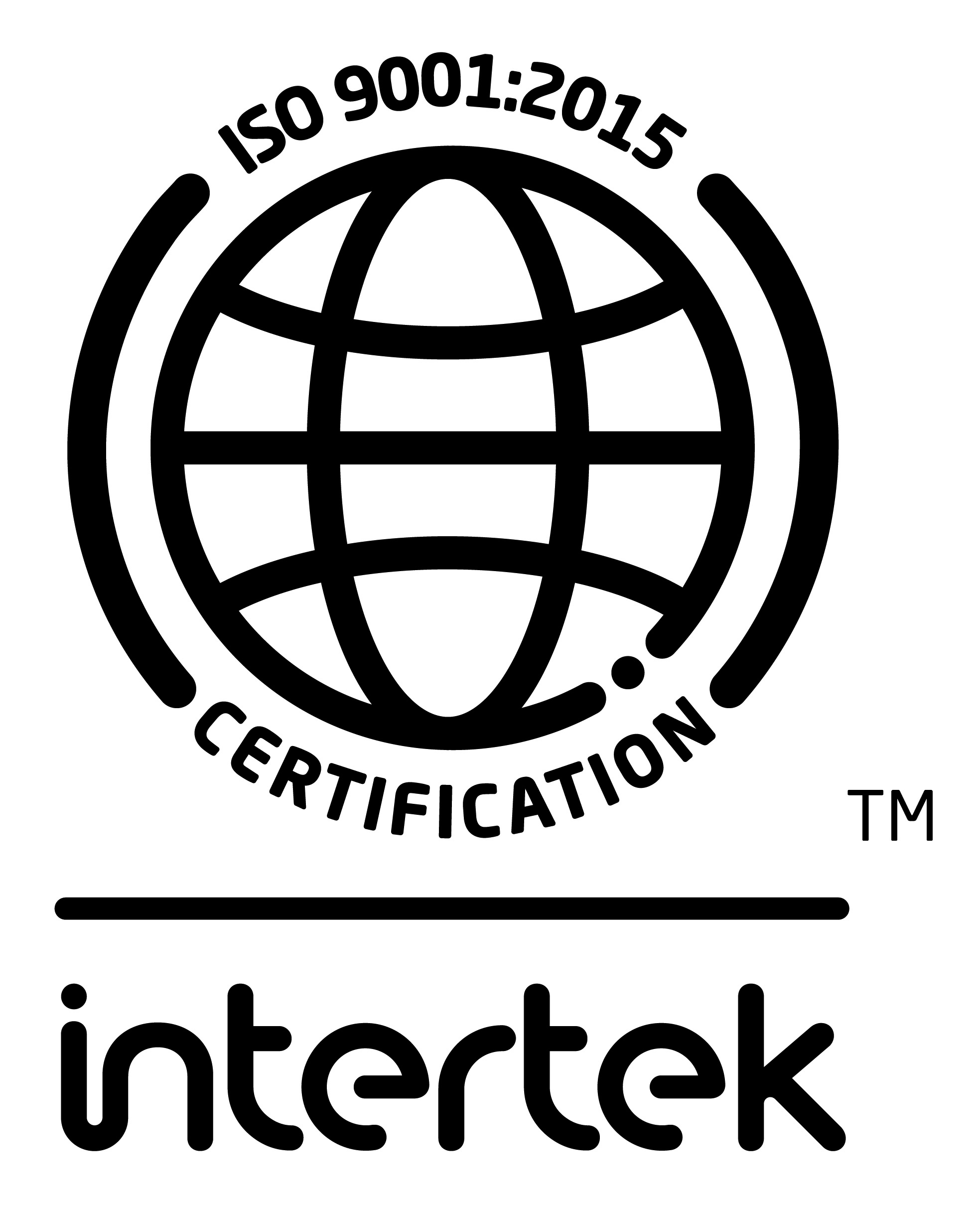 ISO 9001:2015 certification logo by Intertek, featuring a globe design surrounded by circular lines and the word "CERTIFICATION" below.