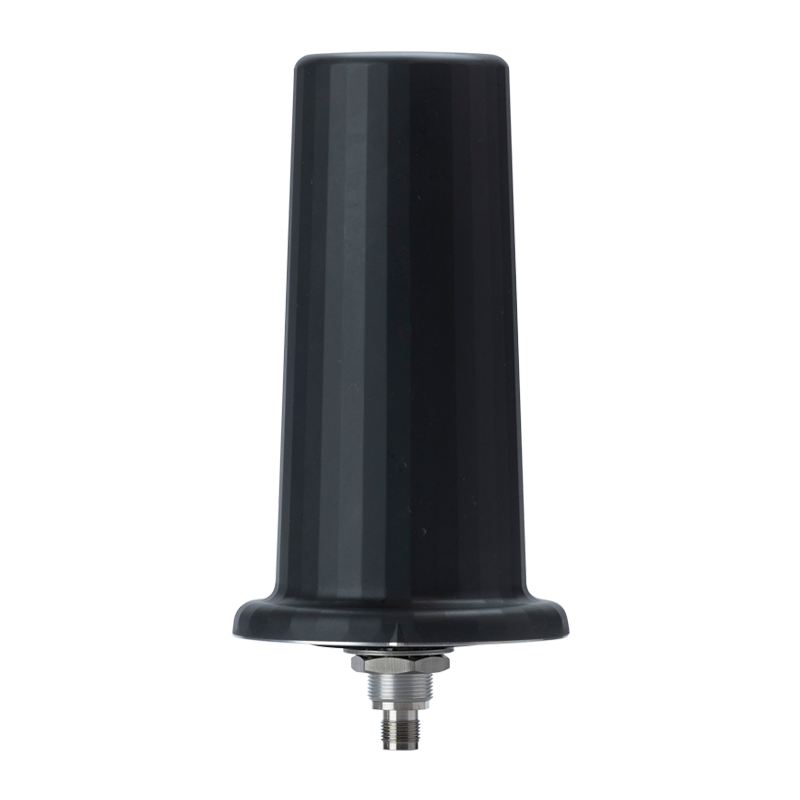 A black, cylindrical antenna with a wider base and metal connector at the bottom, set against a white background.