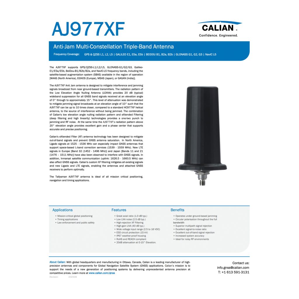 Product information sheet for the AJ977XF Anti-Jam Multi-Constellation Triple-Band Antenna by Calian, featuring a photo of the antenna and technical specifications.