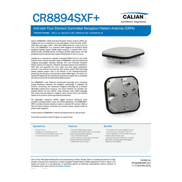 Product flyer featuring the Calian CR8894SXF+ anti-jam GNSS antenna, with images of the antenna from top and bottom views and text detailing specifications, applications, features, and benefits.