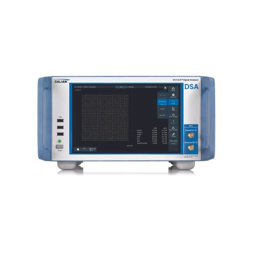 Front view of a Calian DCSA Signal Analyzer with a digital display showing signal data and several control buttons and ports.