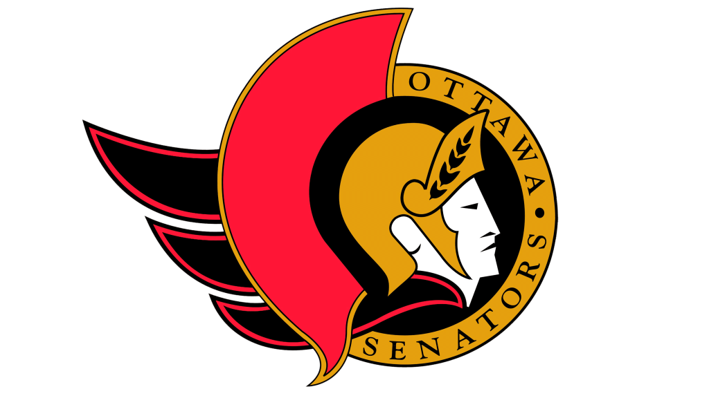 Ottawa Senators logo featuring a stylized Roman centurion in profile, with a red and gold helmet and a wing-like background.